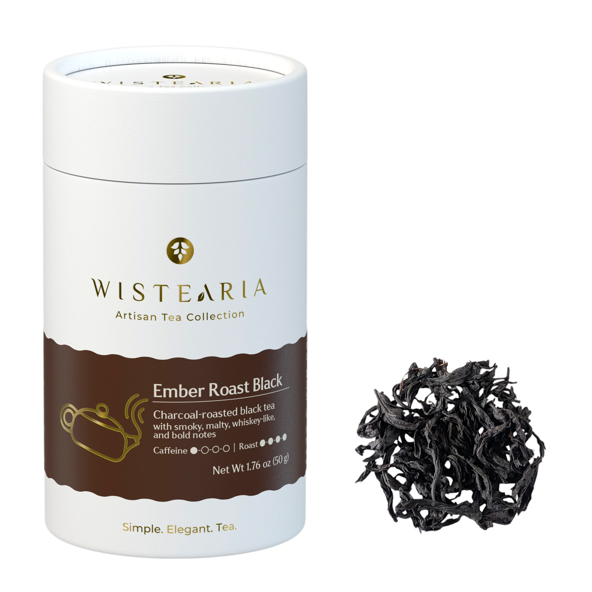 Wistearia Ember Roast Black Tea loose leaf tube beside a pile of twisted whole leaves