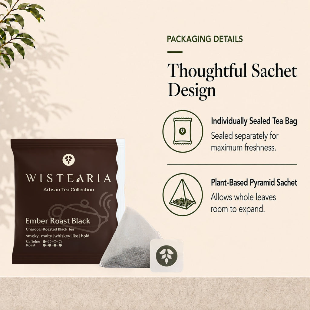 Ember Roast Black Tea sachet packaging details: individually sealed wrapper and plant-based pyramid sachet that lets whole leaves expand