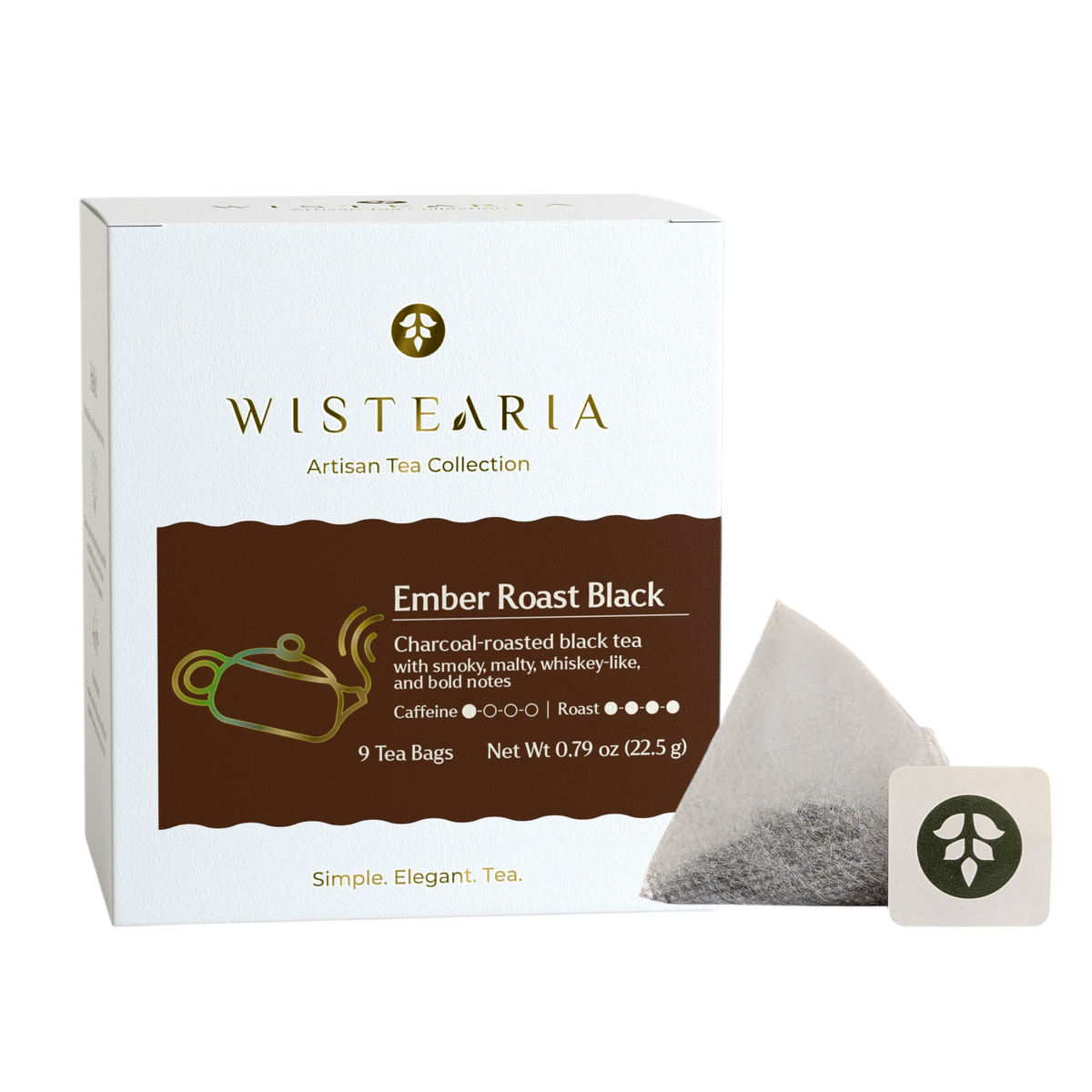 Wistearia Ember Roast Black Tea sachets box beside a pyramid tea sachet and brand tag