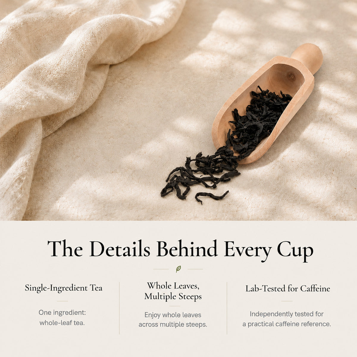 Ember Roast Black Tea twisted whole leaves in a wooden scoop: single-ingredient tea, good for multiple steeps, lab-tested for caffeine