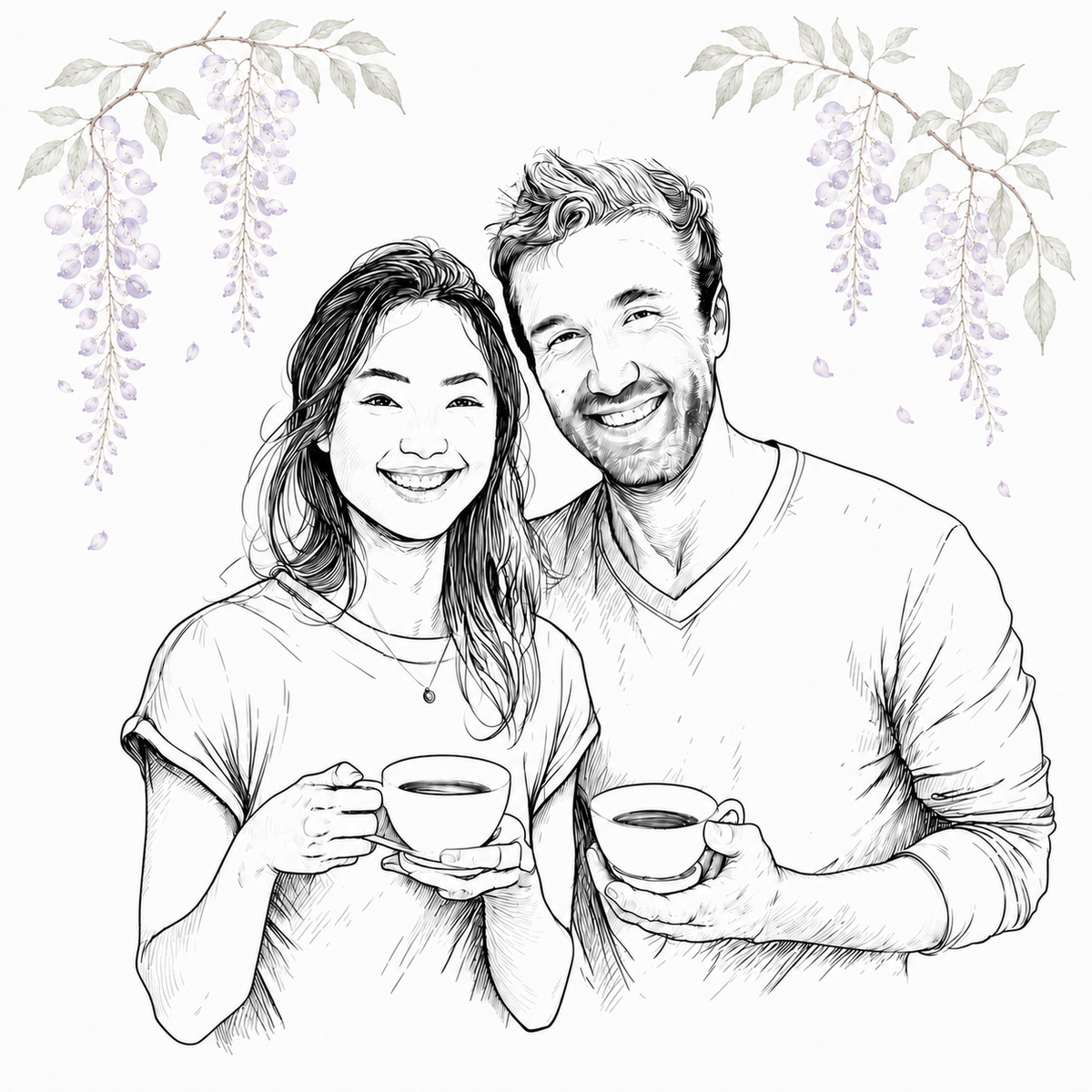 Illustration of Wistearia’s founders holding tea cups beneath wisteria blossoms