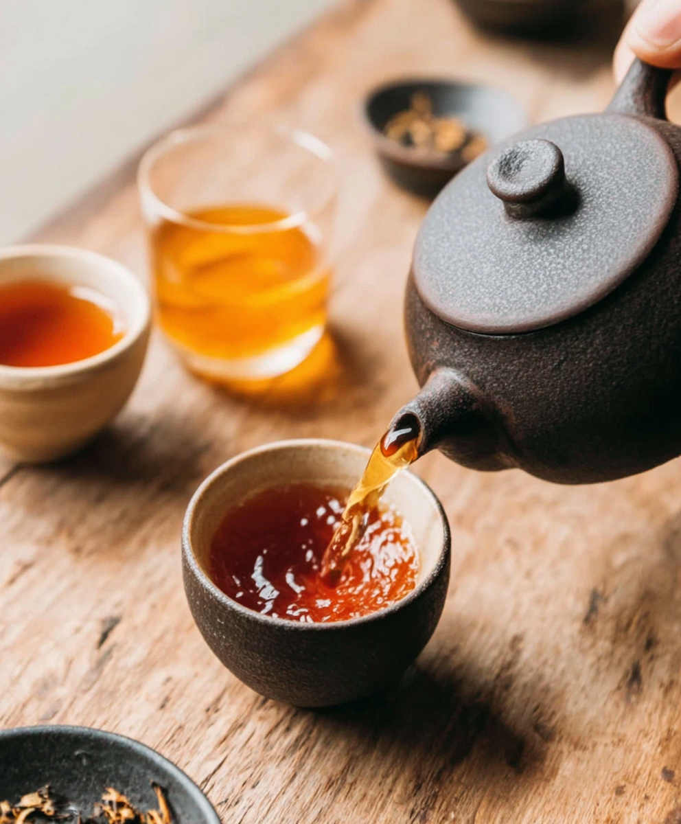 Dark clay teapot pouring amber tea into a small cup on a wooden table