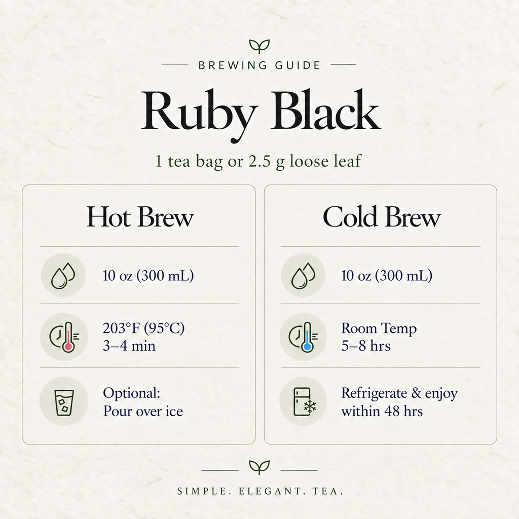 Ruby Black Tea brewing guide card: 1 tea bag or 2.5 g loose leaf in 10 oz water; hot brew at 203°F (95°C) for 3–4 minutes; cold brew 5–8 hours then refrigerate