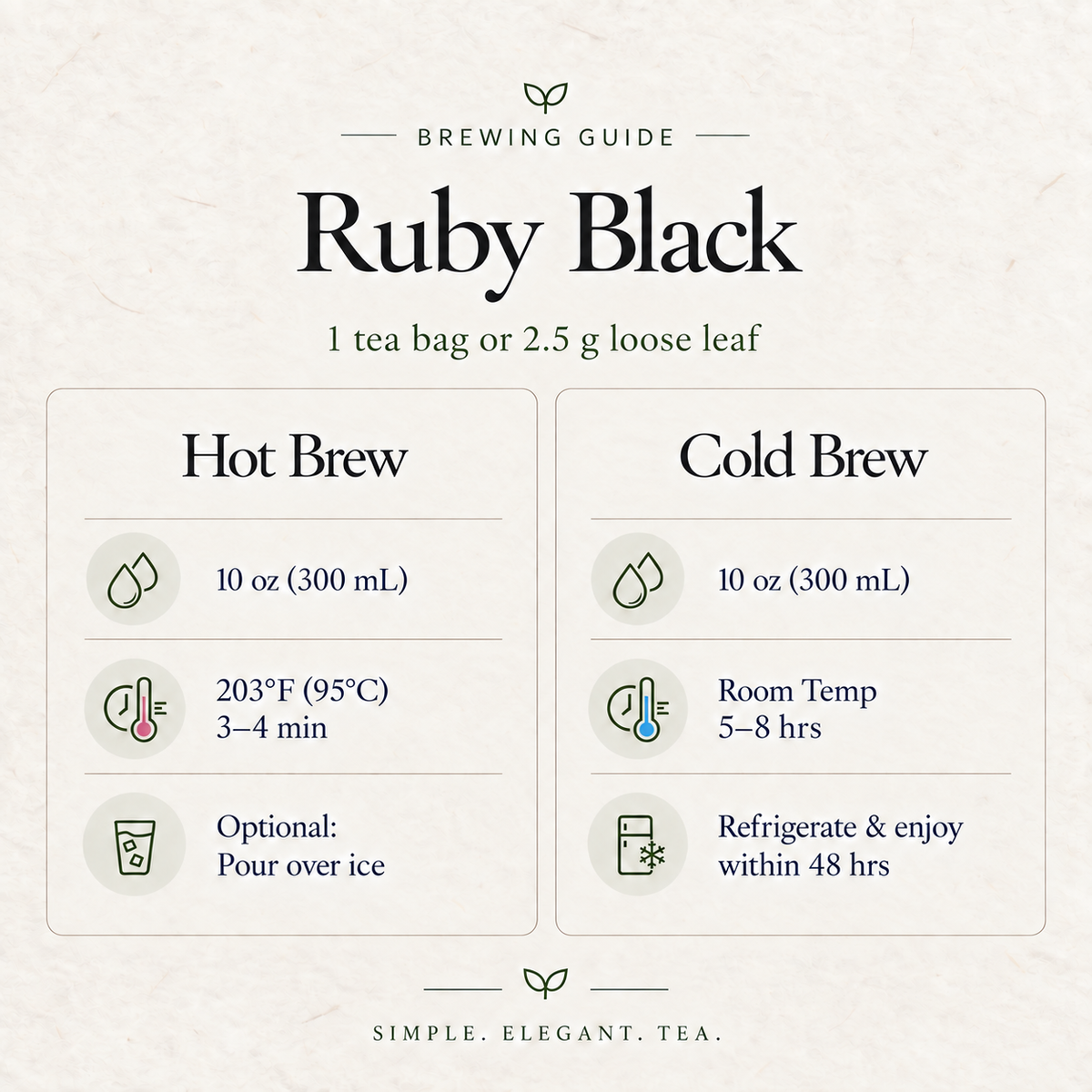 Ruby Black Tea brewing guide card: 1 tea bag or 2.5 g loose leaf in 10 oz water; hot brew at 203°F (95°C) for 3–4 minutes; cold brew 5–8 hours then refrigerate
