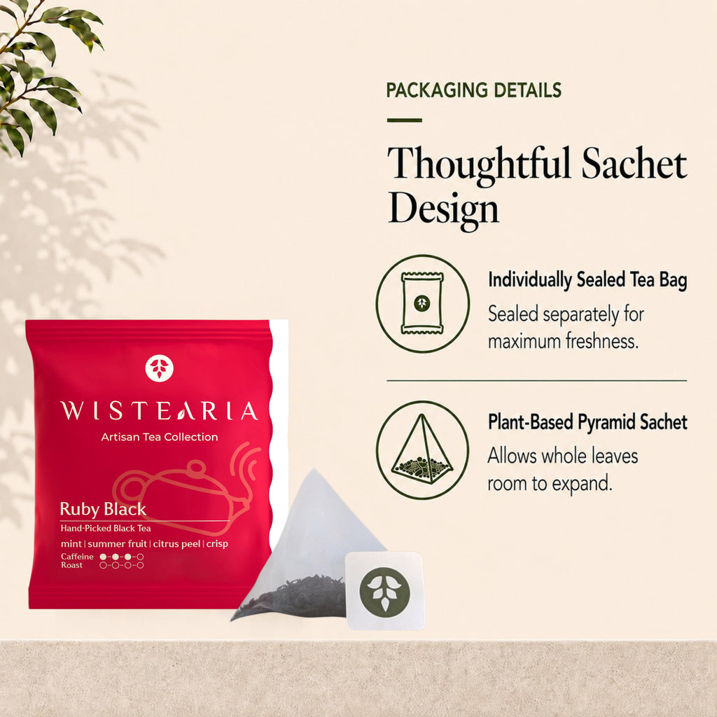 Ruby Black Tea sachet packaging details: individually sealed wrapper and plant-based pyramid sachet that lets whole leaves expand
