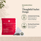 Ruby Black Tea sachet packaging details: individually sealed wrapper and plant-based pyramid sachet that lets whole leaves expand