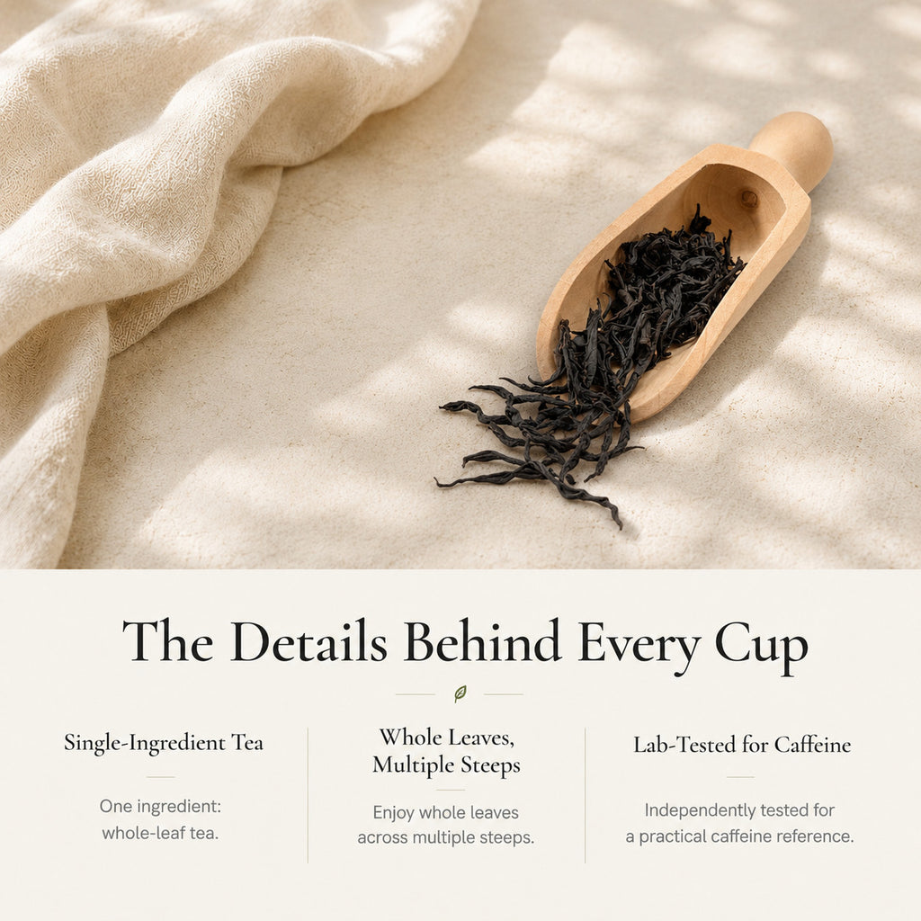 Ruby Black Tea long twisted whole leaves in a wooden scoop: single-ingredient tea, good for multiple steeps, lab-tested for caffeine