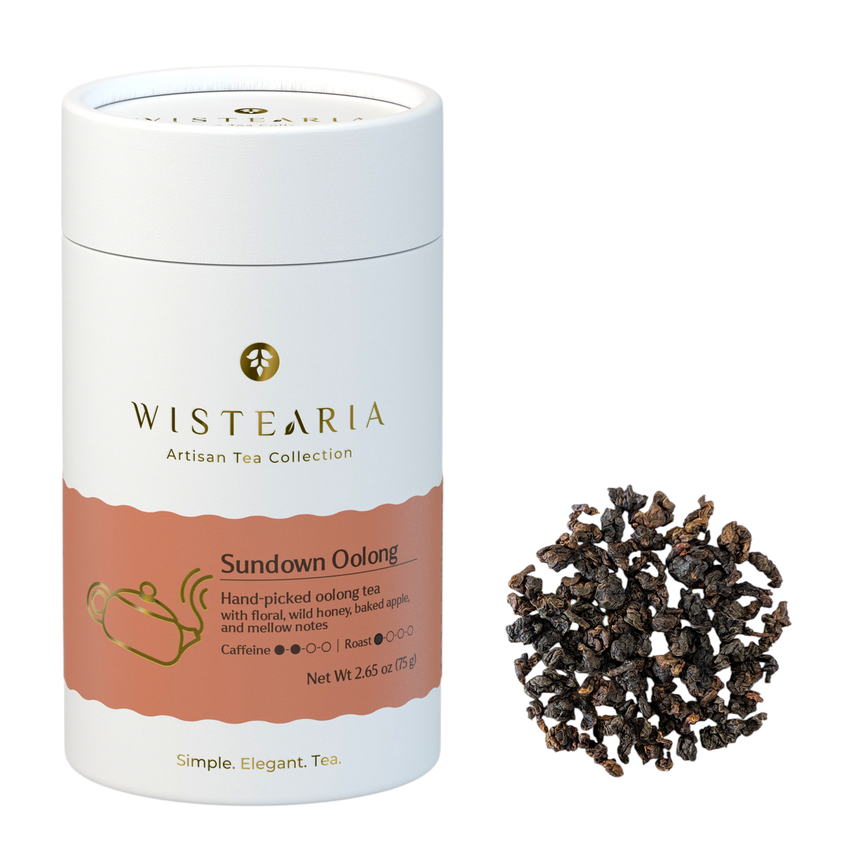 Wistearia Sundown Oolong Tea loose leaf tube beside a pile of rolled whole leaves