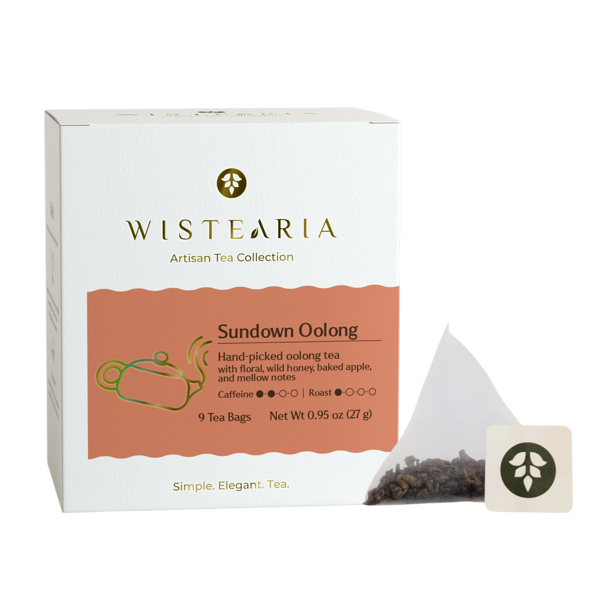 Wistearia Sundown Oolong Tea sachets box beside a pyramid tea sachet and brand tag