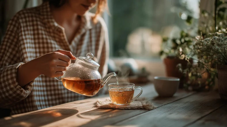 Person pouring amber tea from a glass teapot into a cup