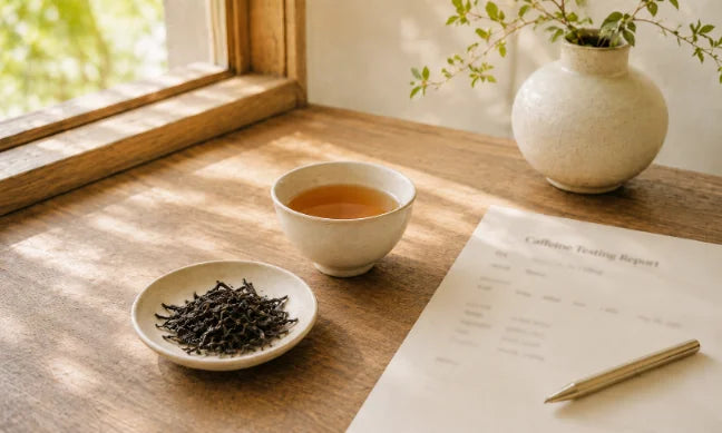 Cup of tea, loose leaves, and a caffeine testing report on a sunlit table